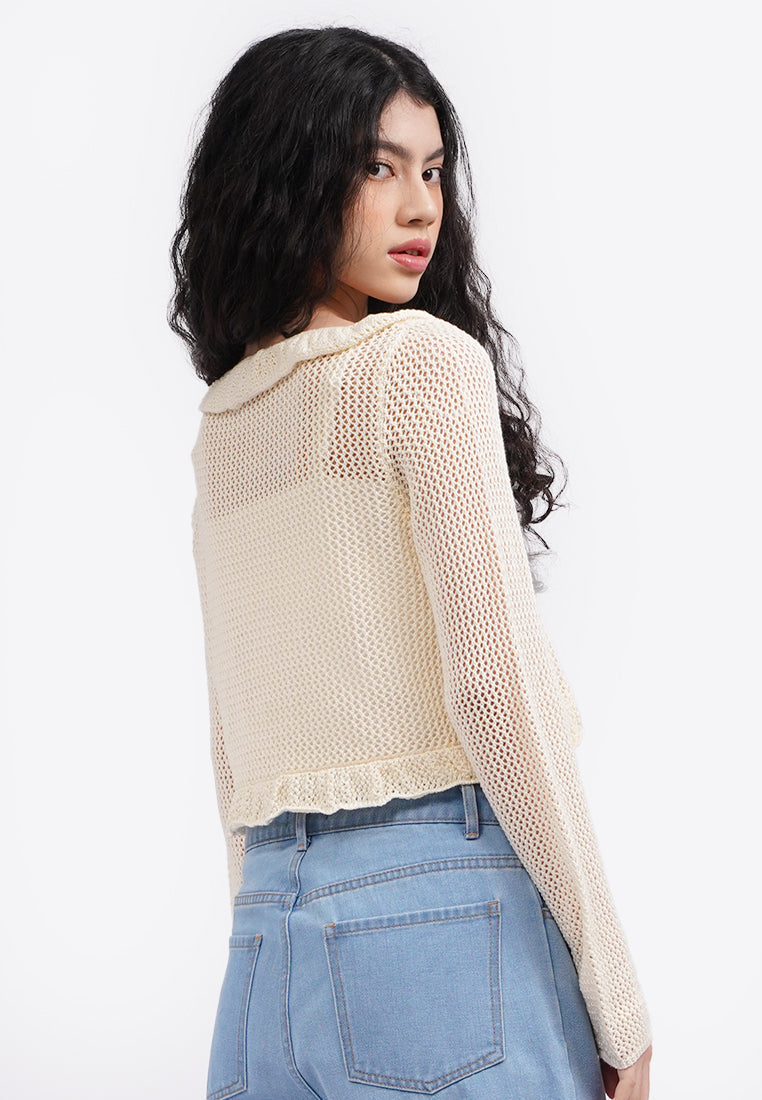 Openwork Ruffled Cardigan Ecru