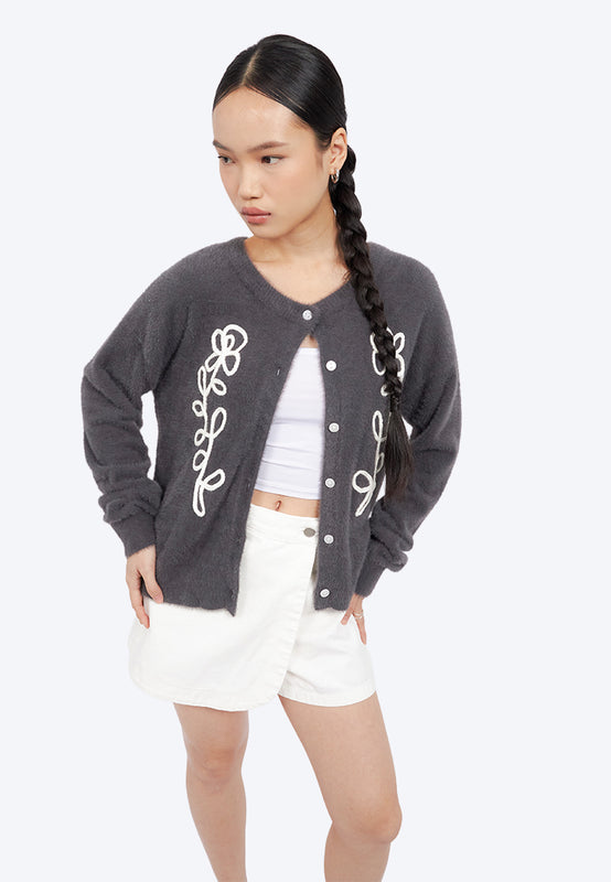 Loose Cardigan with Applique Detail