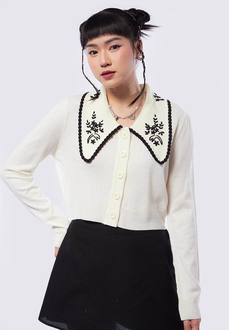 Cardigan with Embroidered Collar