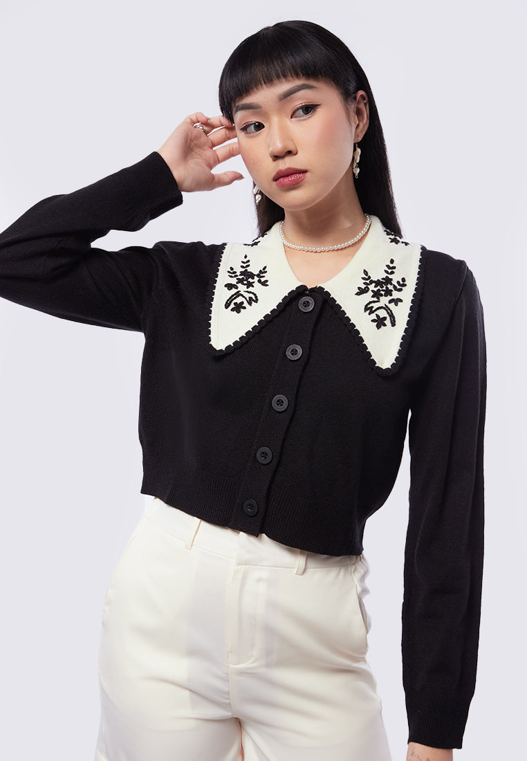 Cardigan with Embroidered Collar