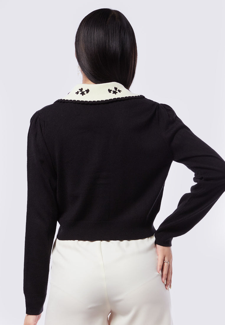 Cardigan with Embroidered Collar