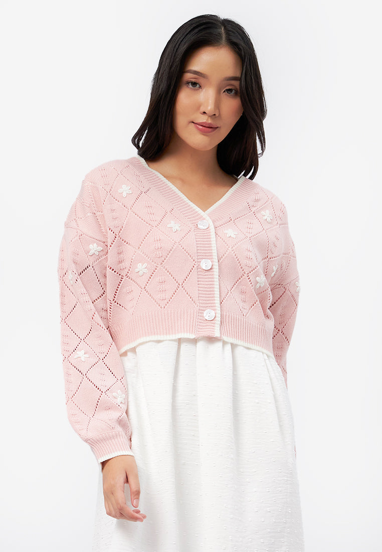 Embroidered Long Sleeve Knit Cardigan L.Pink