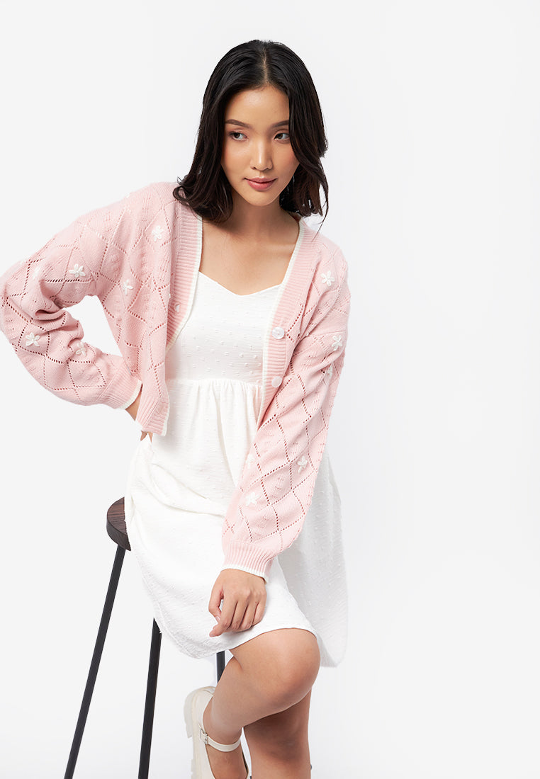 Embroidered Long Sleeve Knit Cardigan L.Pink