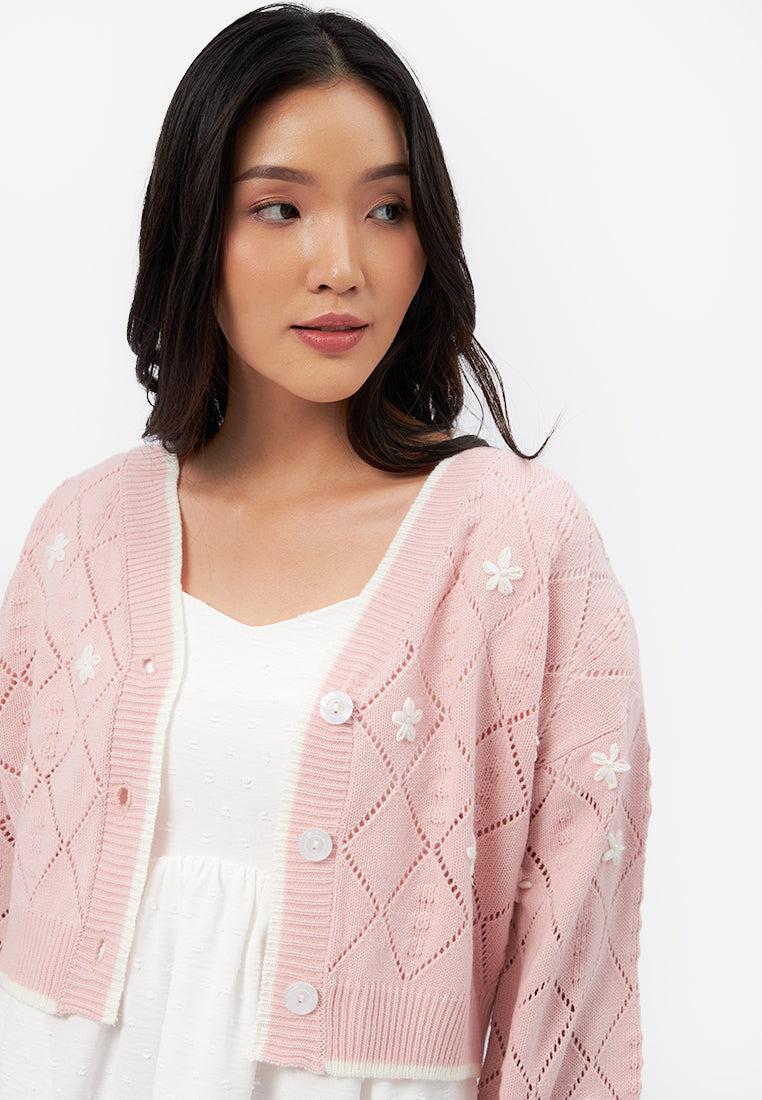 Embroidered Long Sleeve Knit Cardigan L.Pink