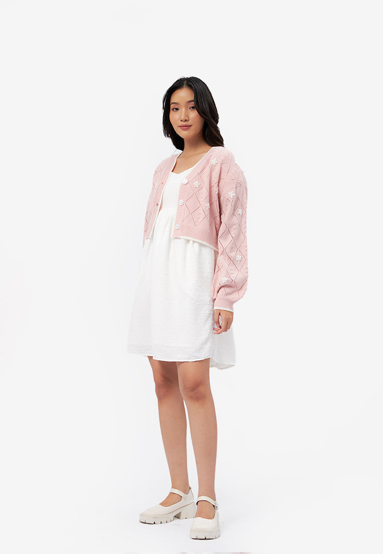 Embroidered Long Sleeve Knit Cardigan L.Pink