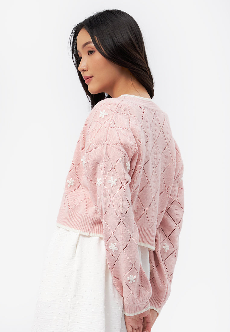 Embroidered Long Sleeve Knit Cardigan L.Pink