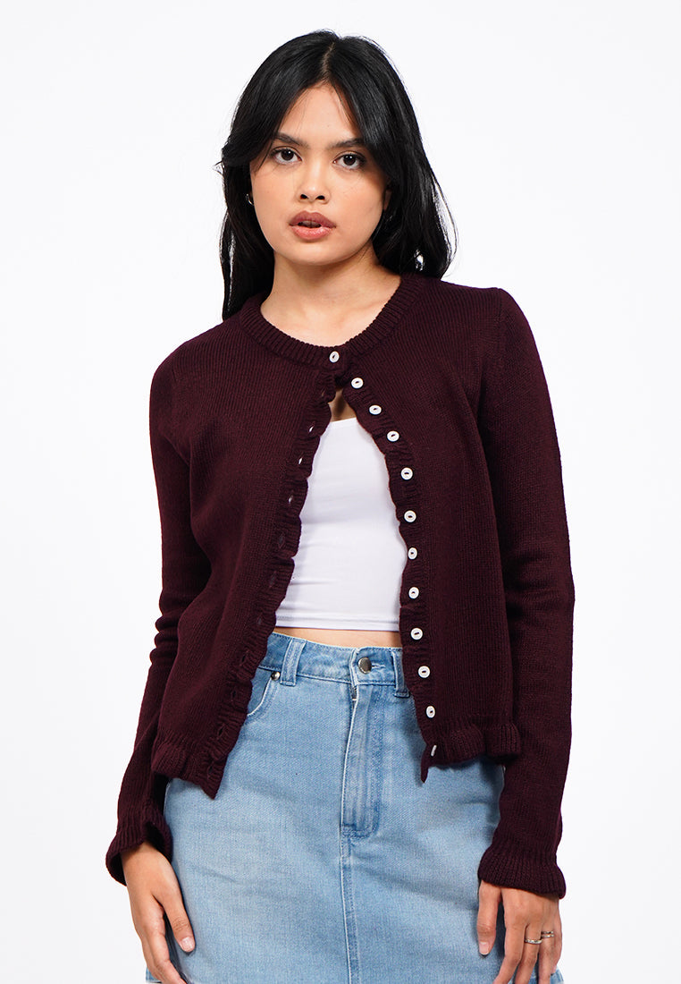 Ruffled Long Sleeve Knit Cardigan