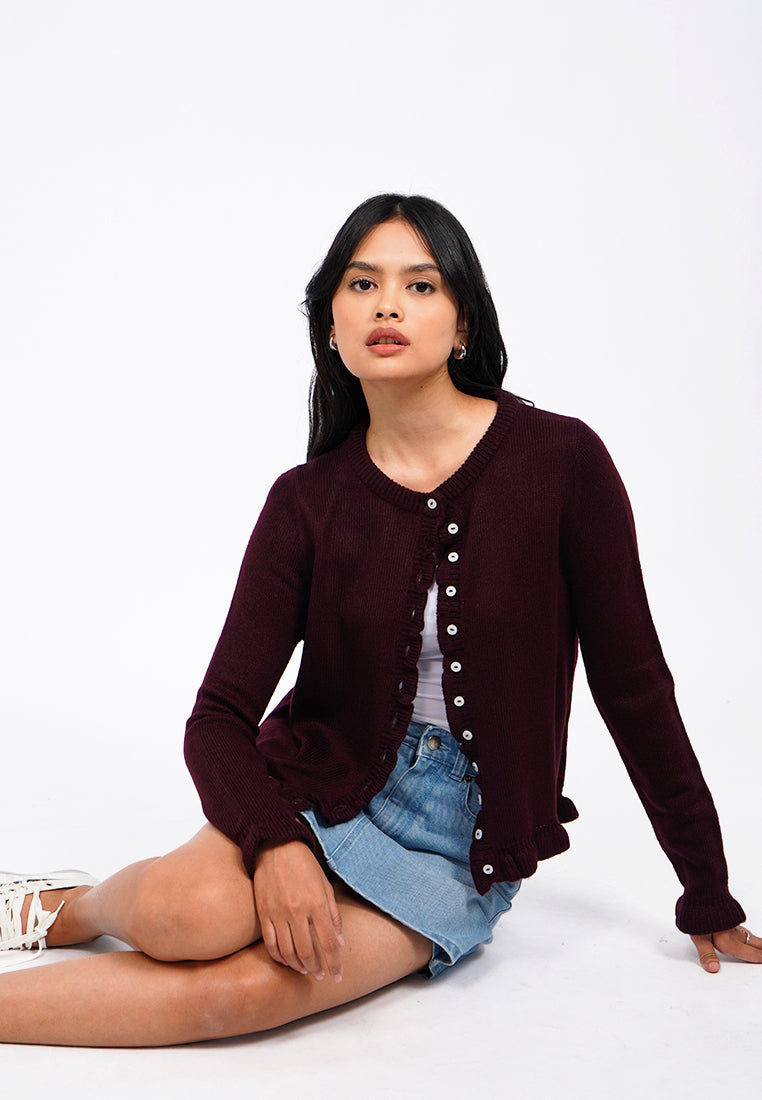 Ruffled Long Sleeve Knit Cardigan