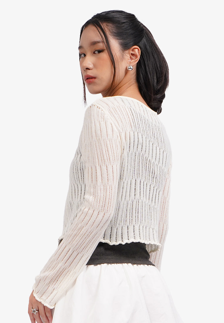 Open Work Long Sleeve Cardigan Off White