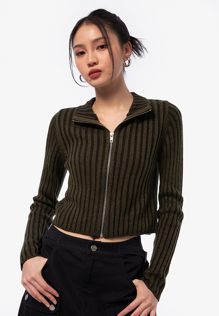 Zip Up Long Sleeve Top Dark Green