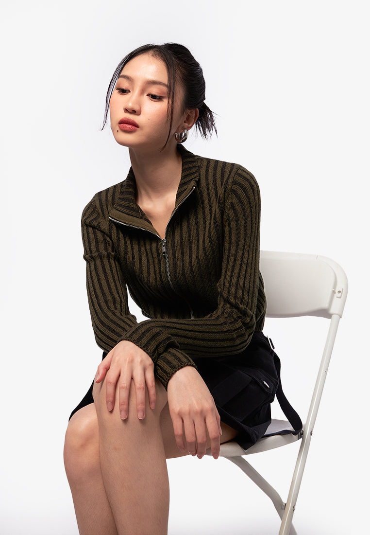 Zip Up Long Sleeve Top Dark Green