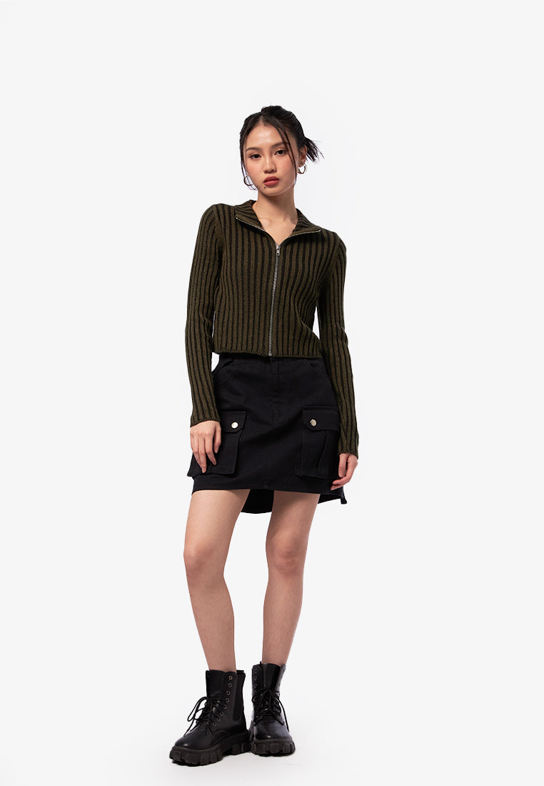 Zip Up Long Sleeve Top Dark Green