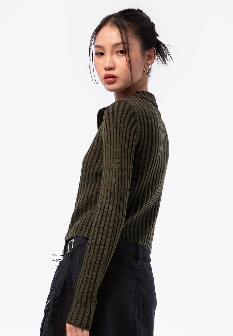 Zip Up Long Sleeve Top Dark Green