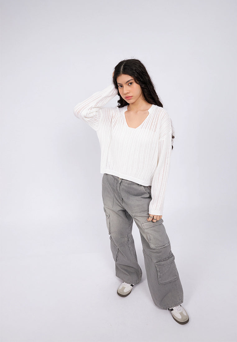 V-Neck Loose Long Sleeve Knit Top