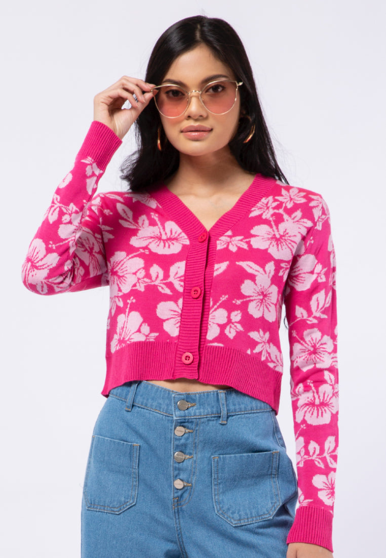 Hibiscus Print Knit Cardigan