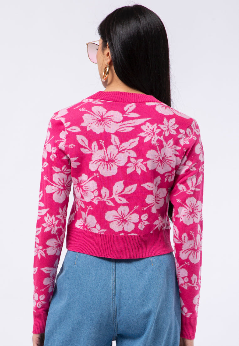 Hibiscus Print Knit Cardigan