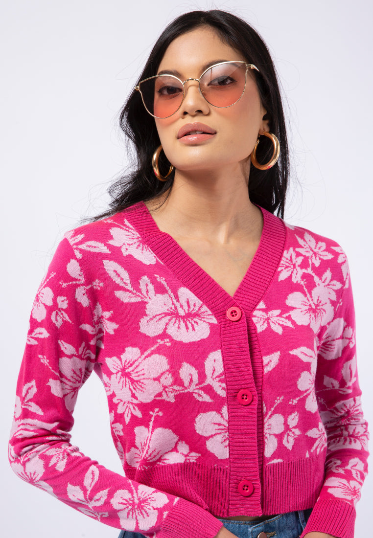 Hibiscus Print Knit Cardigan