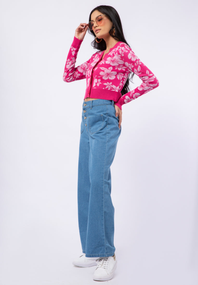 Hibiscus Print Knit Cardigan