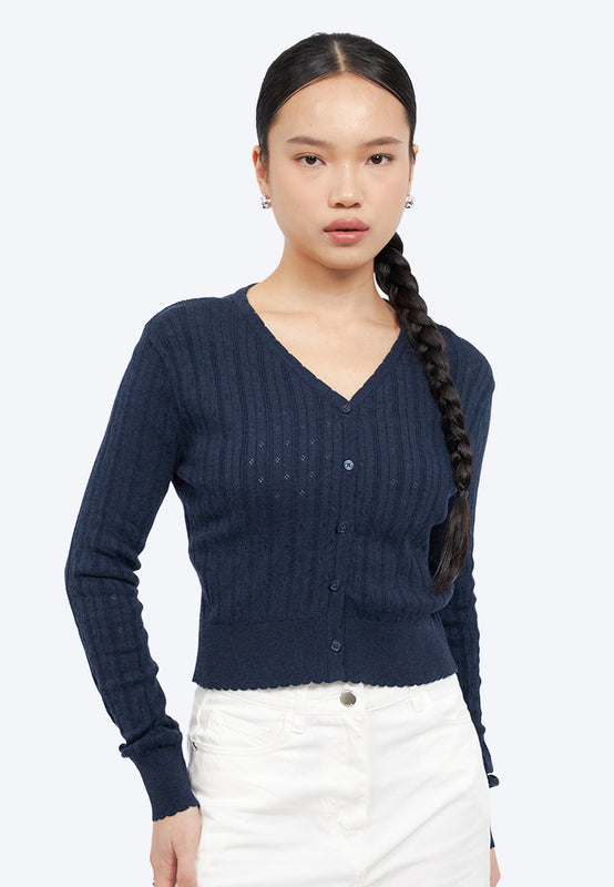 V-Neck Pointelle Crop Cardigan