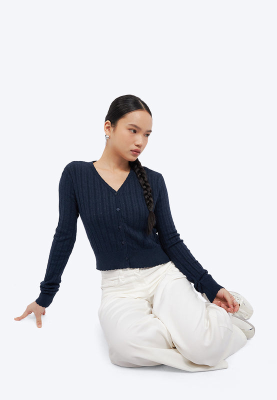 V-Neck Pointelle Crop Cardigan