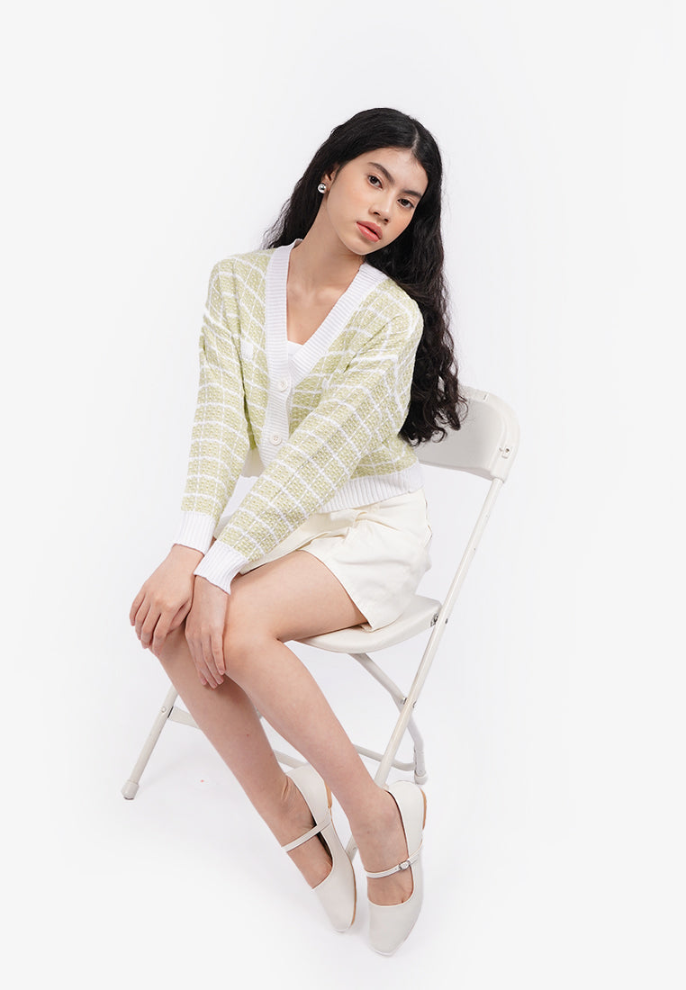Long Sleeve Tweed Knit Cardigan Sage