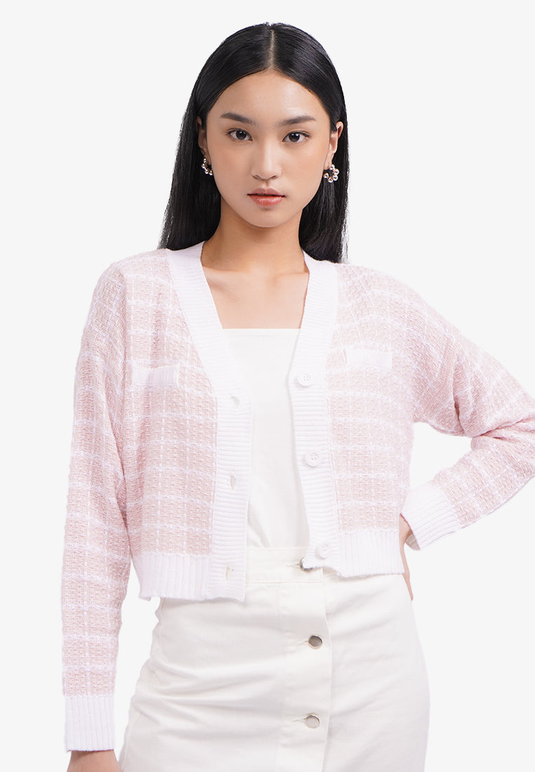Long Sleeve Tweed Knit Cardigan L.Pink