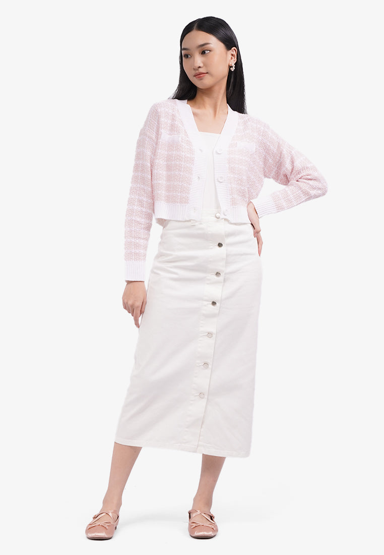 Long Sleeve Tweed Knit Cardigan L.Pink