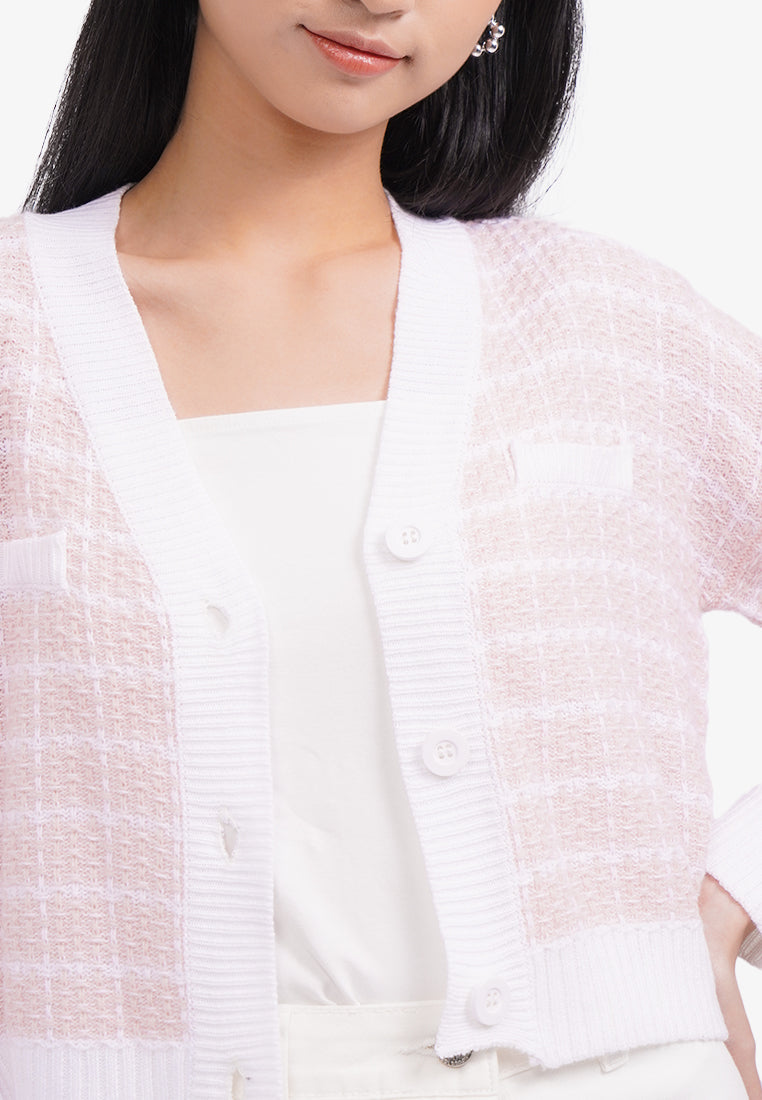 Long Sleeve Tweed Knit Cardigan L.Pink