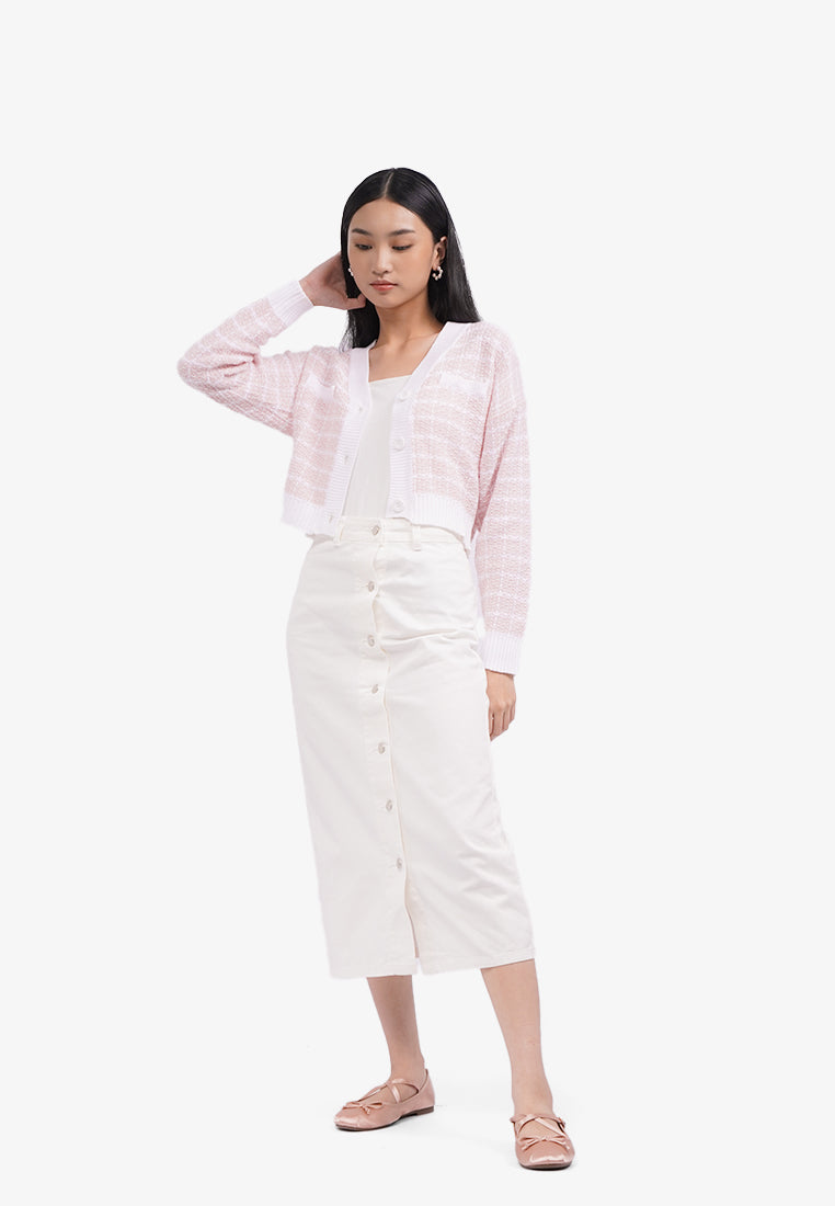 Long Sleeve Tweed Knit Cardigan L.Pink
