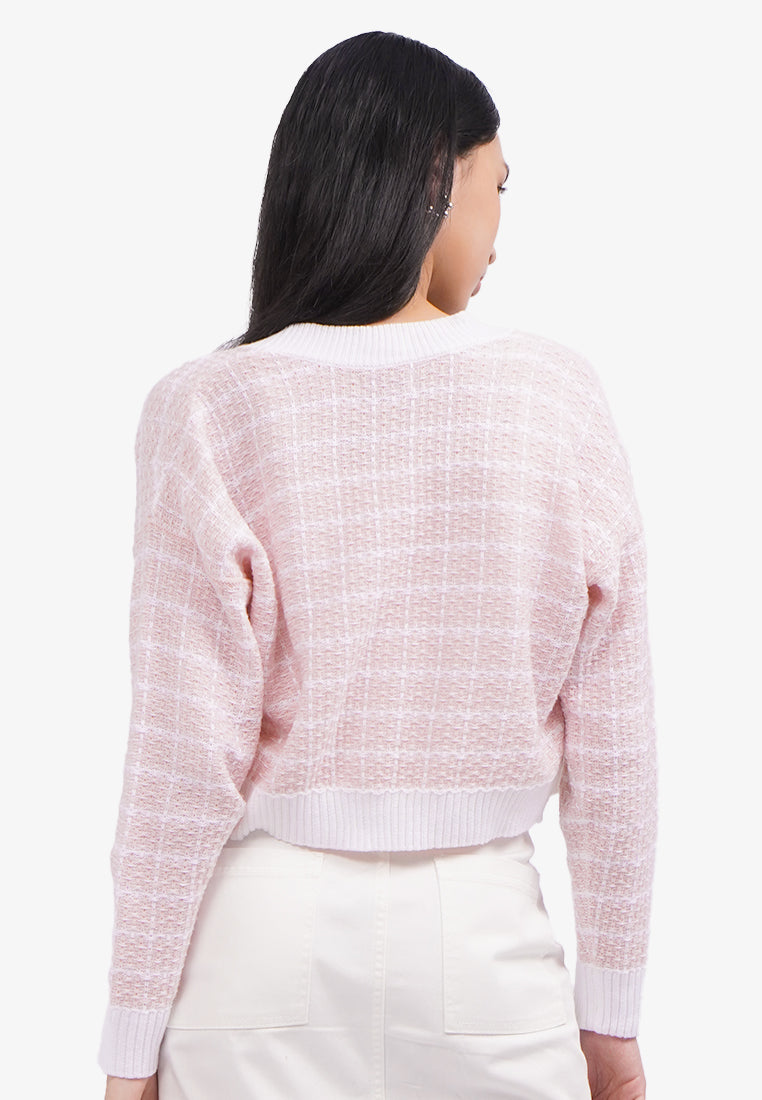 Long Sleeve Tweed Knit Cardigan L.Pink