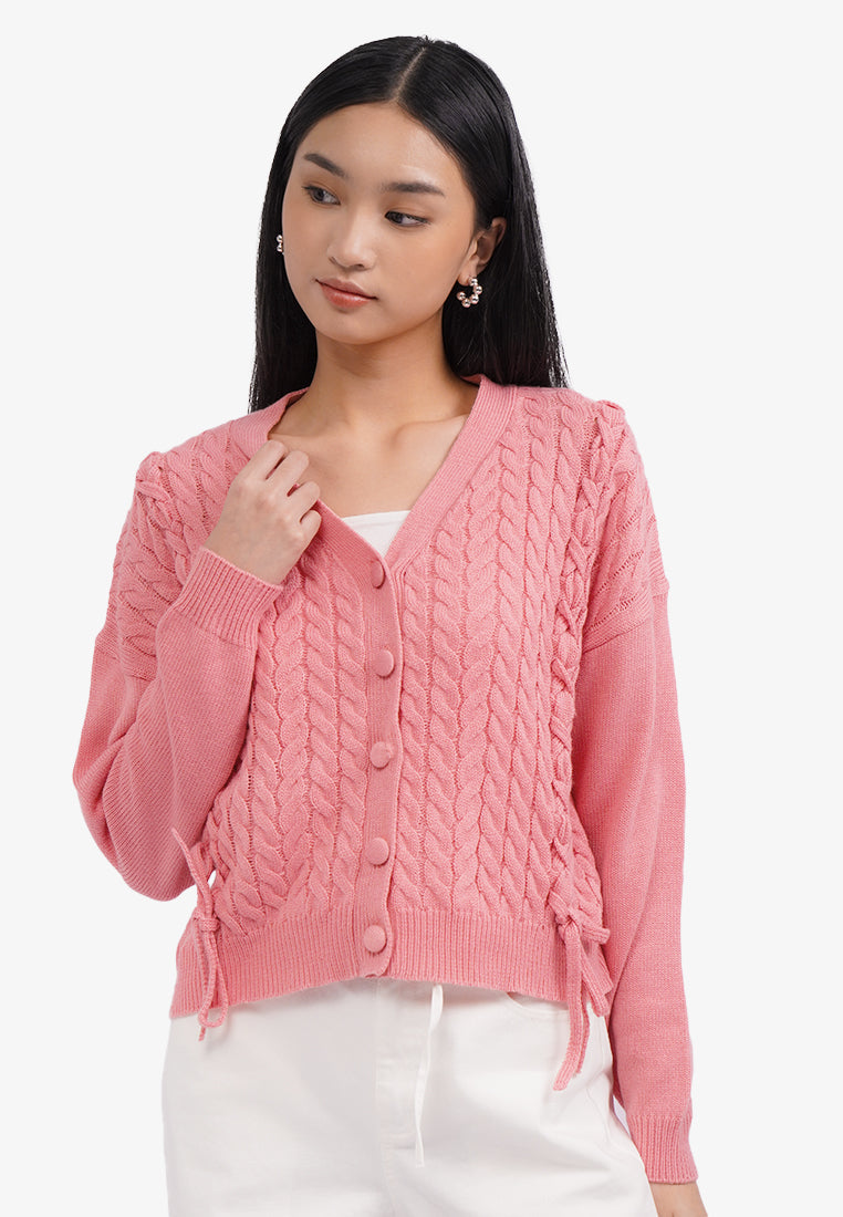 V-Neck Cable Knit Cardigan L.Pink