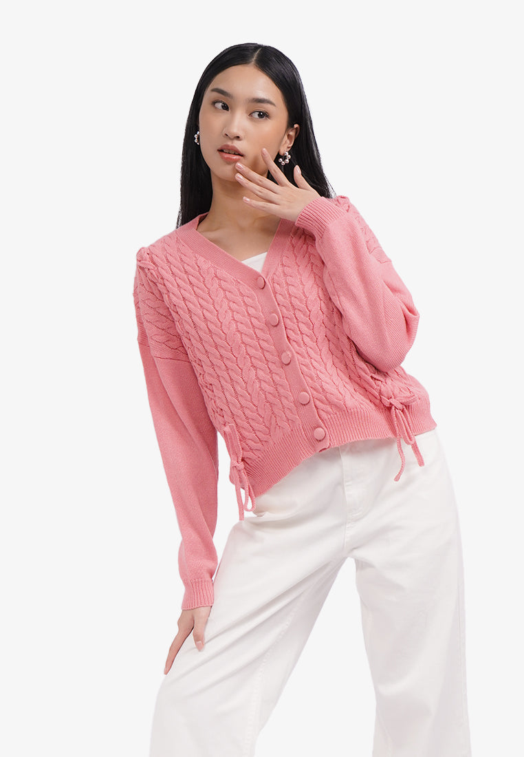 V-Neck Cable Knit Cardigan L.Pink