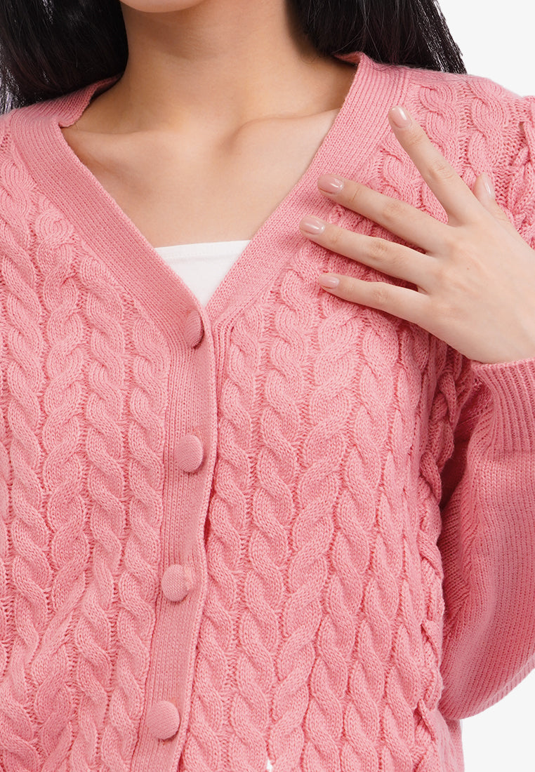 V-Neck Cable Knit Cardigan L.Pink