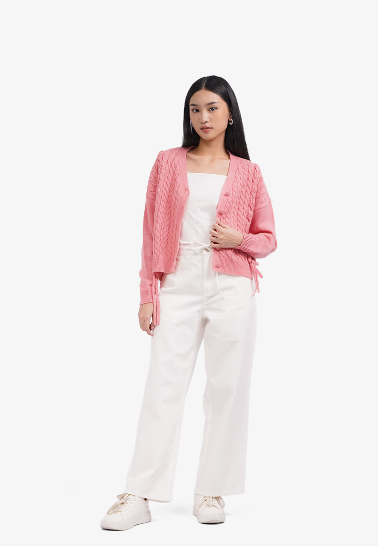 V-Neck Cable Knit Cardigan L.Pink