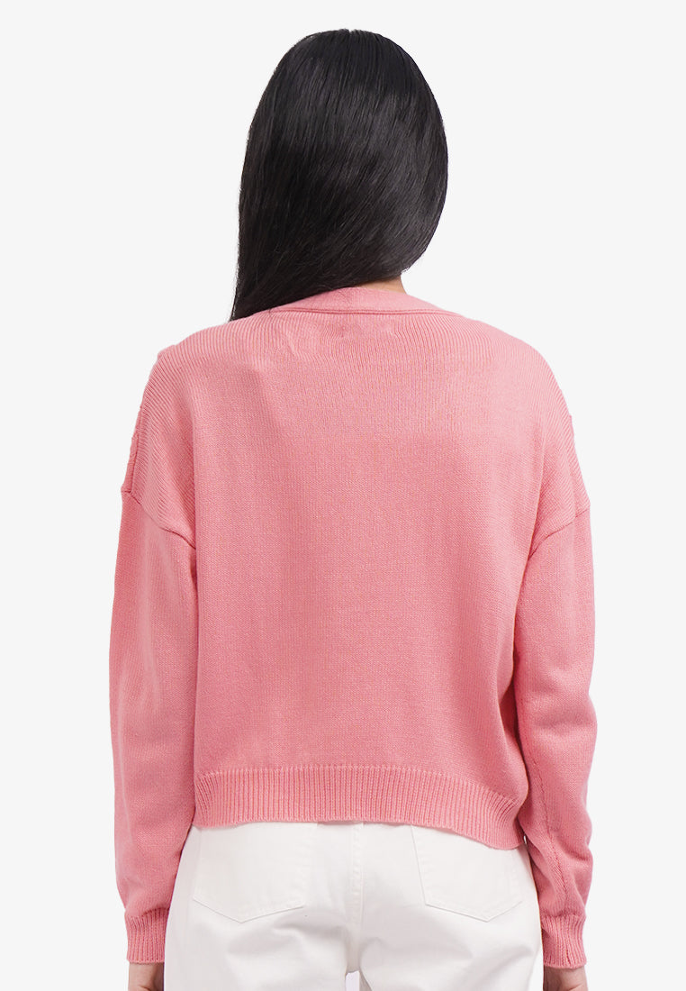 V-Neck Cable Knit Cardigan L.Pink