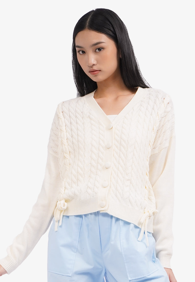 V-Neck Cable Knit Cardigan Off White
