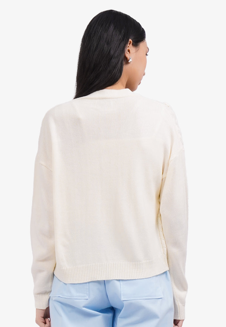 V-Neck Cable Knit Cardigan Off White