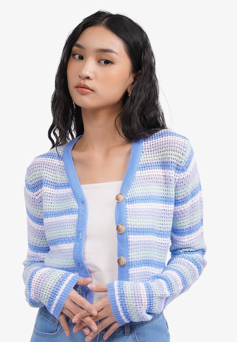 Long Sleeve Stripes Cardigan L.Blue