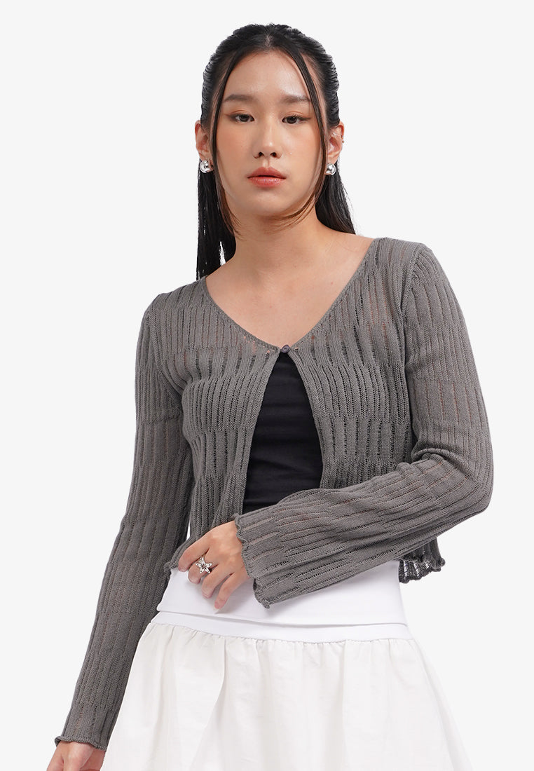 Open Work Long Sleeve Cardigan Dark Grey