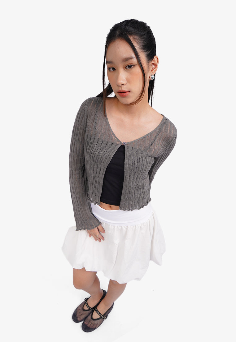 Open Work Long Sleeve Cardigan Dark Grey