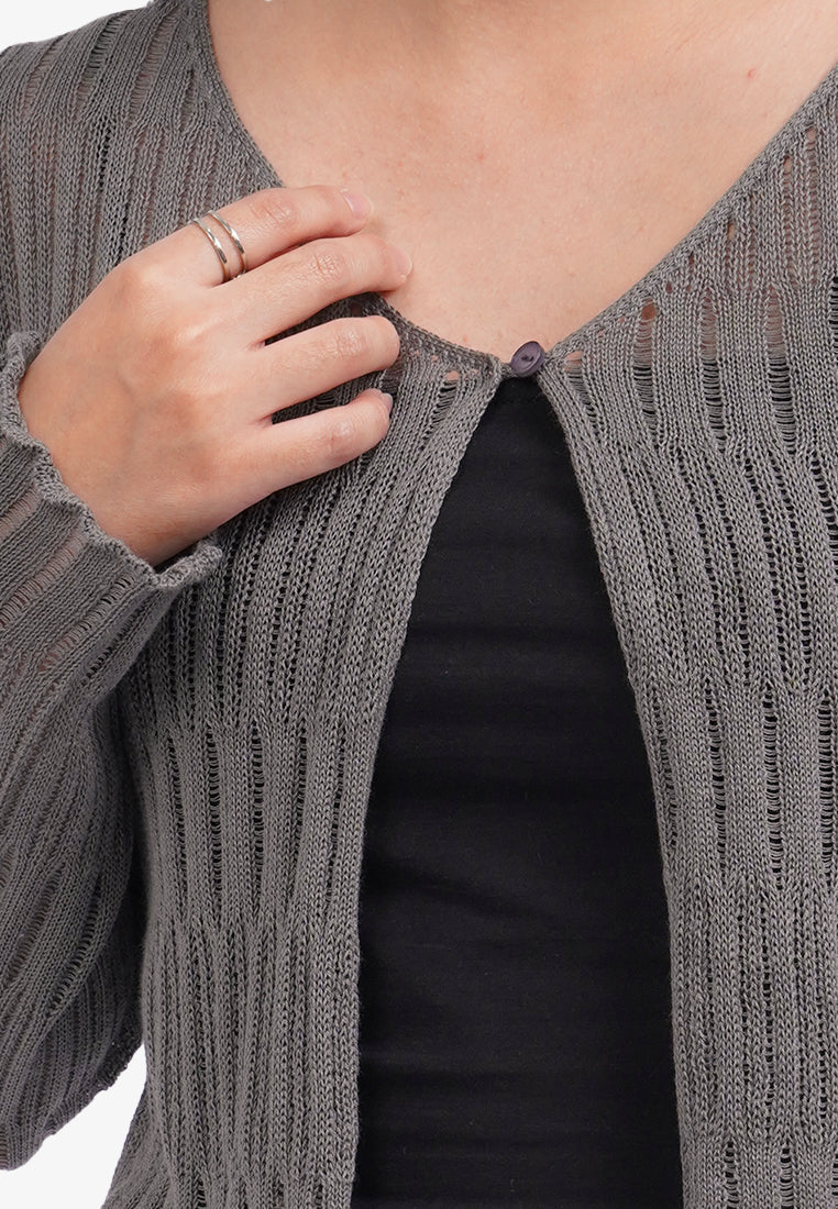 Open Work Long Sleeve Cardigan Dark Grey