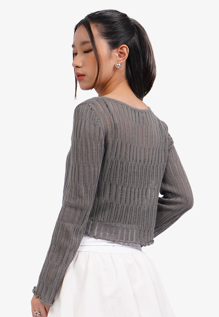 Open Work Long Sleeve Cardigan Dark Grey