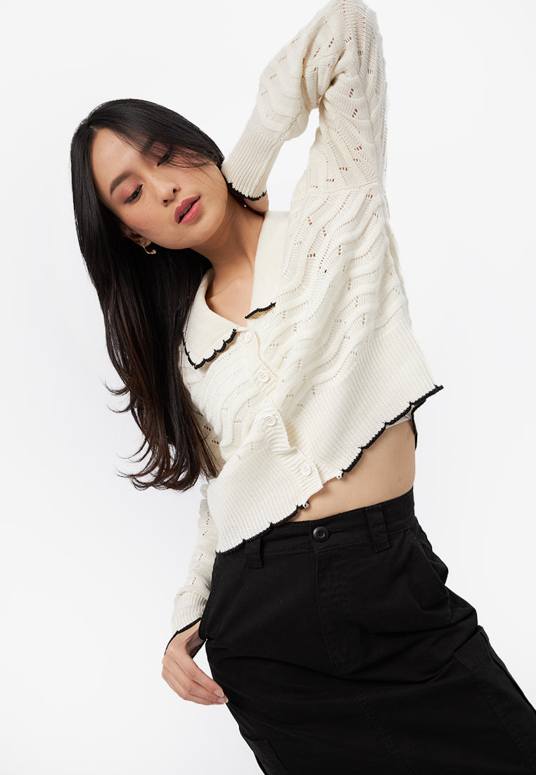 Long Sleeve Collared Cardigan Off White