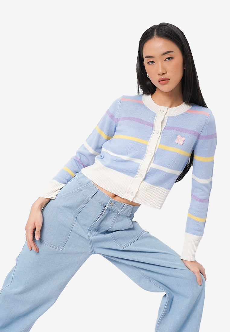 Striped Long Sleeve Crop Cardigan L.Blue
