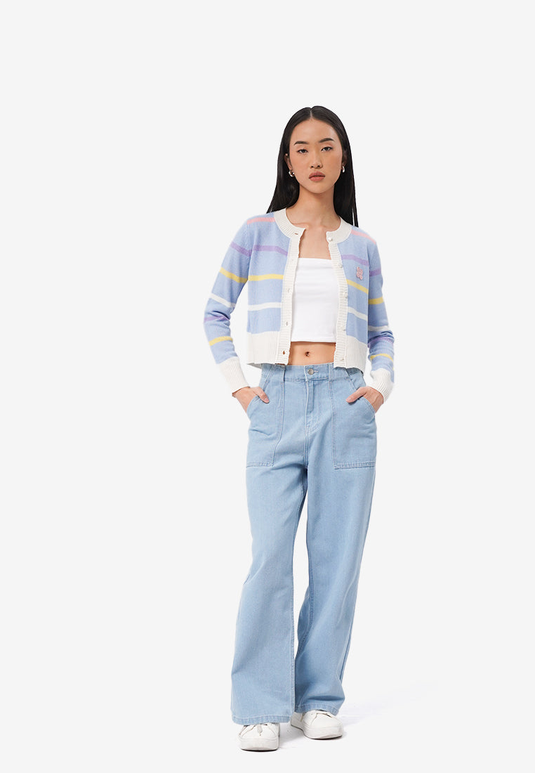 Striped Long Sleeve Crop Cardigan L.Blue