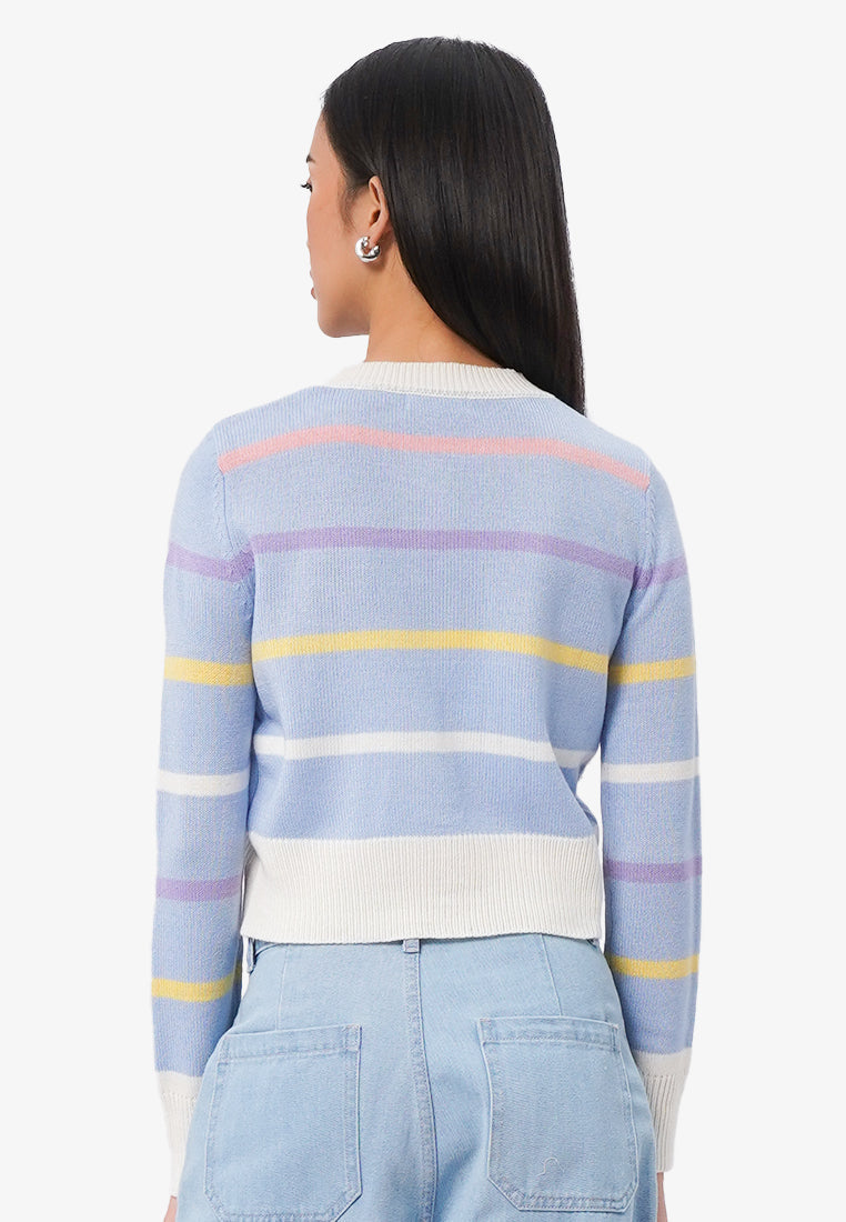 Striped Long Sleeve Crop Cardigan L.Blue