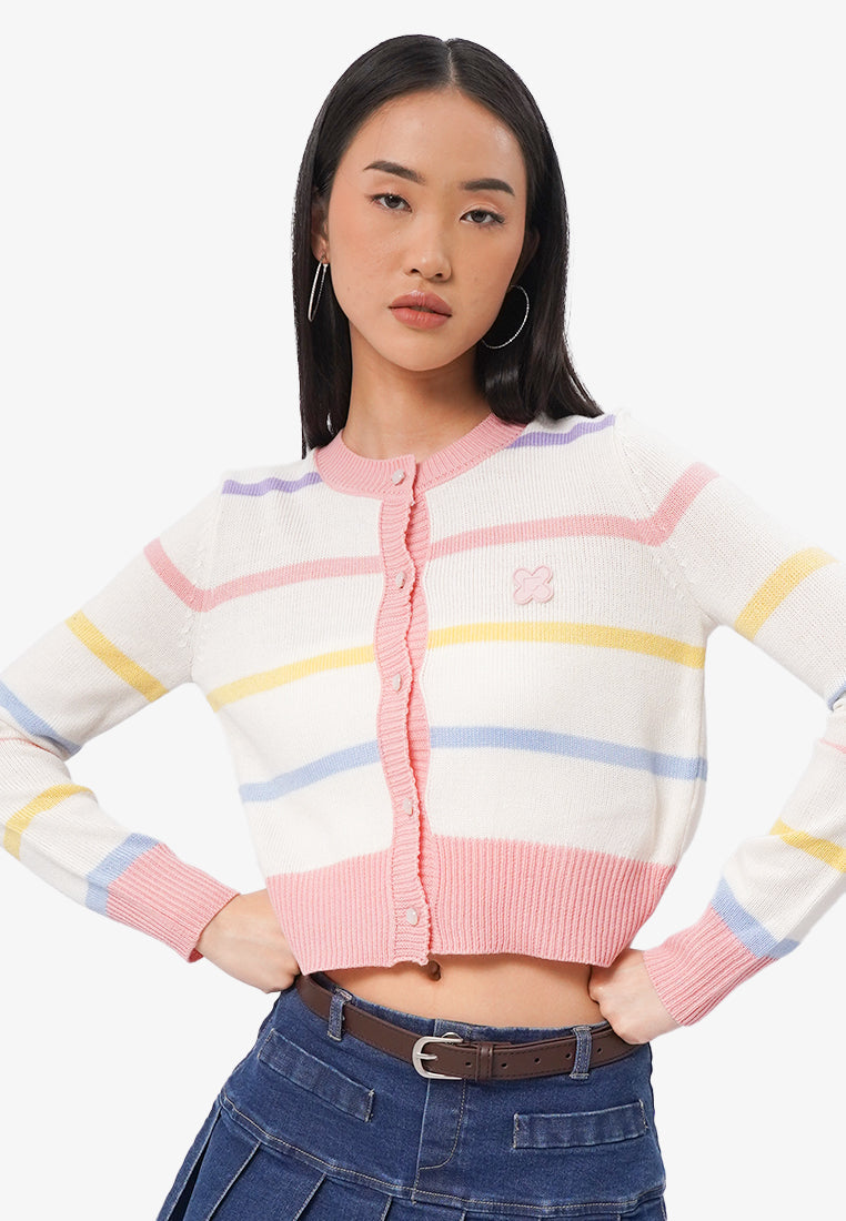 Striped Long Sleeve Crop Cardigan Off White