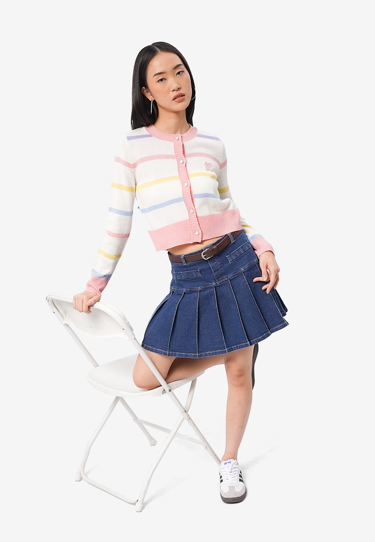 Striped Long Sleeve Crop Cardigan Off White