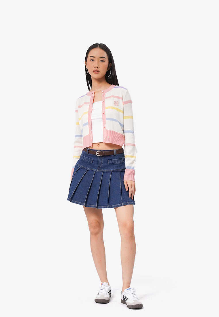 Striped Long Sleeve Crop Cardigan Off White