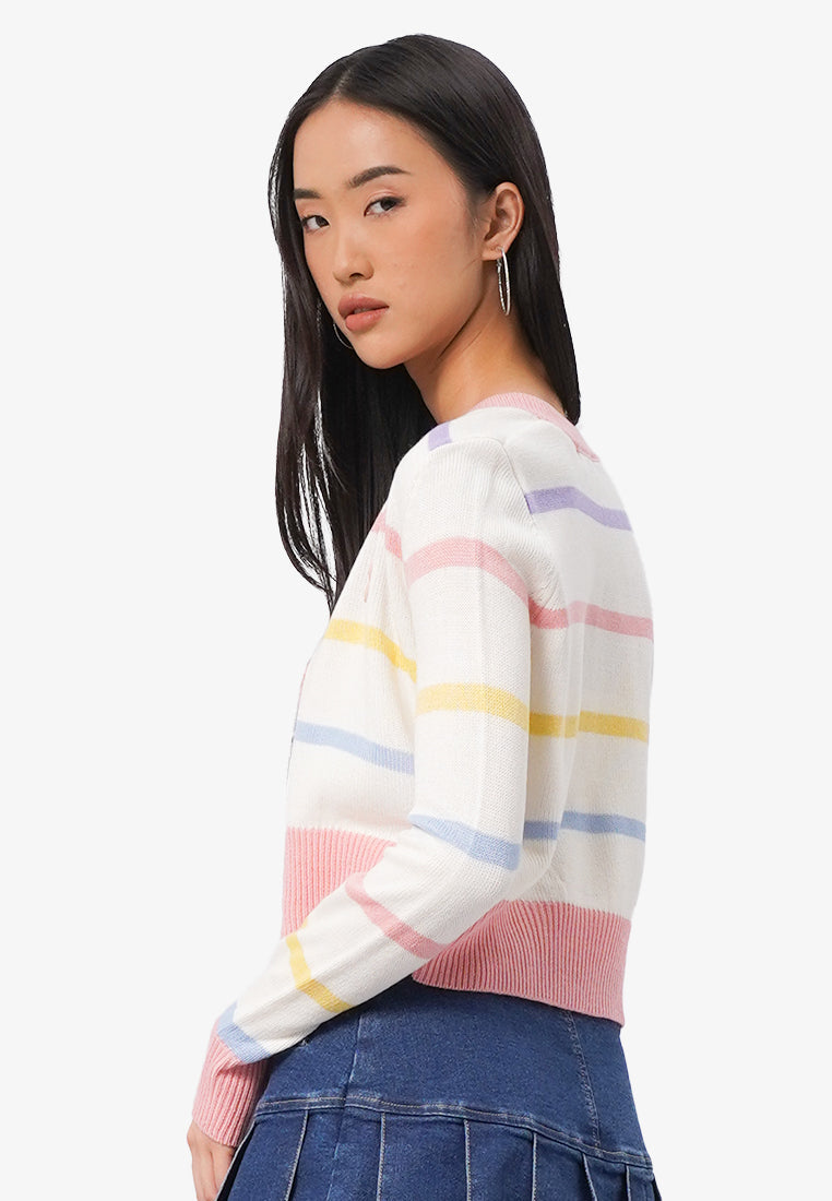 Striped Long Sleeve Crop Cardigan Off White